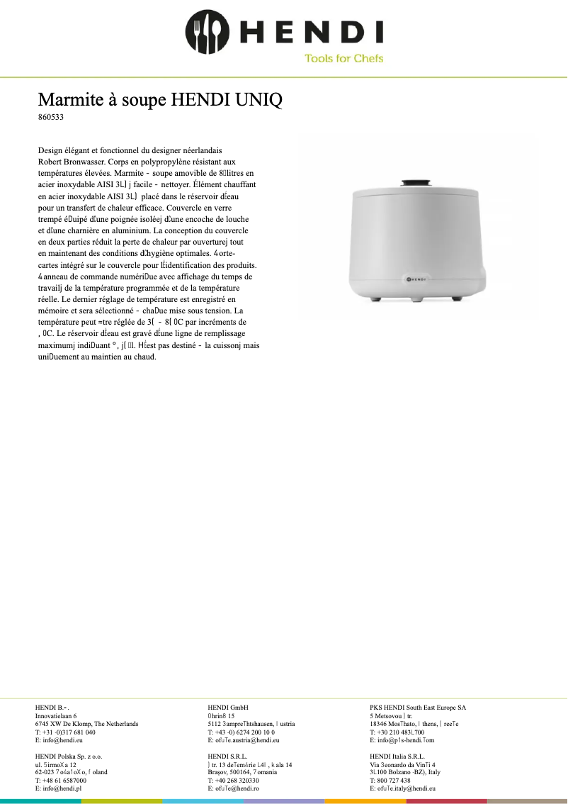 Page 1 de la notice Fiche technique Hendi Uniq 860557