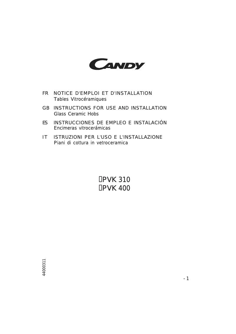 Page 1 de la notice Manuel utilisateur Candy PVK310X