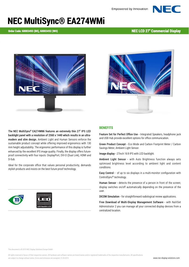 Page 1 de la notice Fiche technique NEC MultiSync EA274WMi