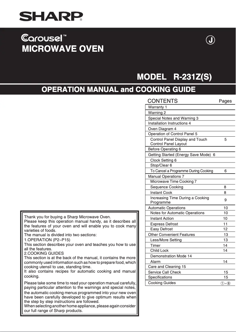 Page 1 de la notice Manuel utilisateur Sharp R-231ZS