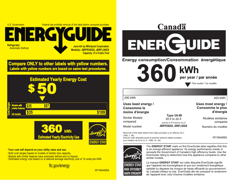 Page 1 de la notice Label énergétique JennAir JBRFL36IGX