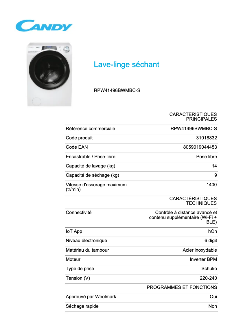 Page 1 de la notice Fiche technique Candy RPW41496BWMBC-S