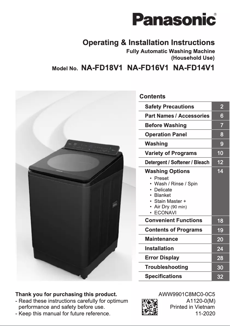 Page n°1 - Manuel utilisateur Panasonic NA-FD18V1