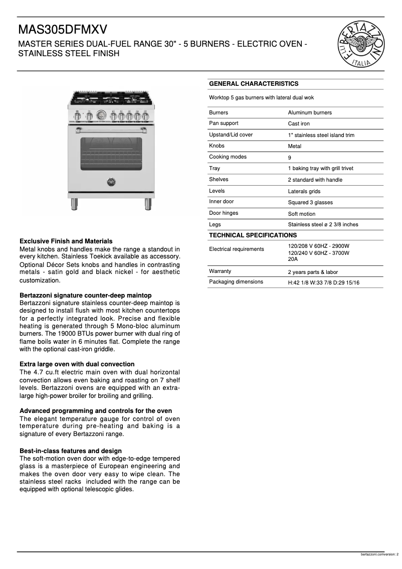 Page 1 de la notice Fiche technique Bertazzoni MAS305DFMXV