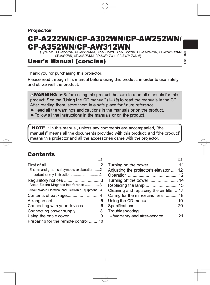 Page n°1 - Manuel utilisateur Hitachi CP-AW252WN