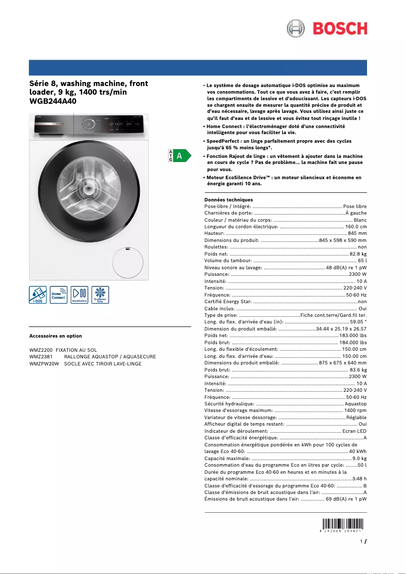 Page n°1 - Fiche technique Bosch WGB244A40