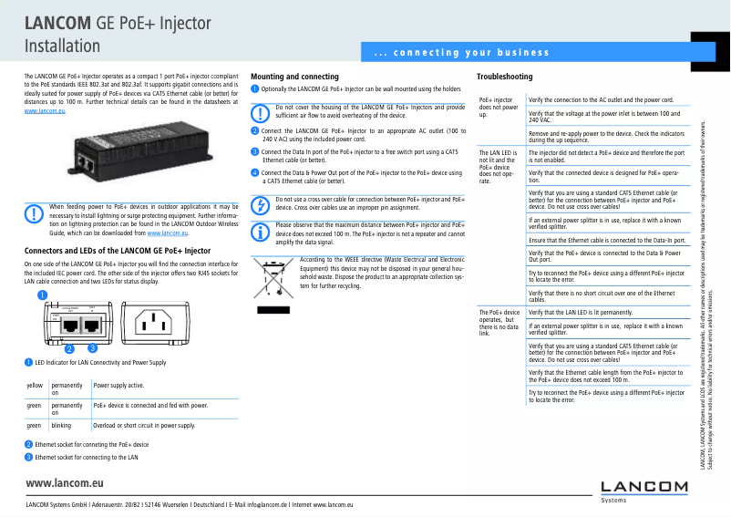 Image de la première page du manuel de l'appareil GE PoE+ Injector