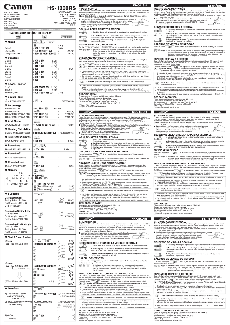 Page 1 de la notice Manuel utilisateur Canon HS-1200RS