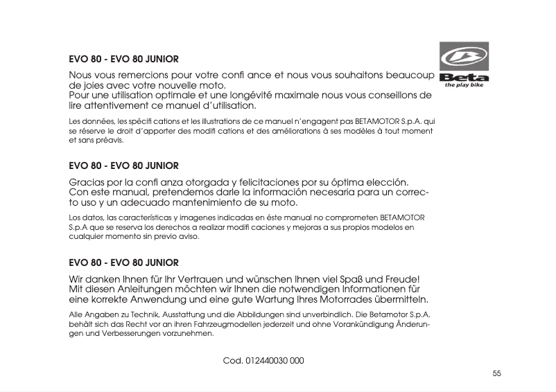 Page 1 de la notice Manuel utilisateur Beta EVO 80 (2015)