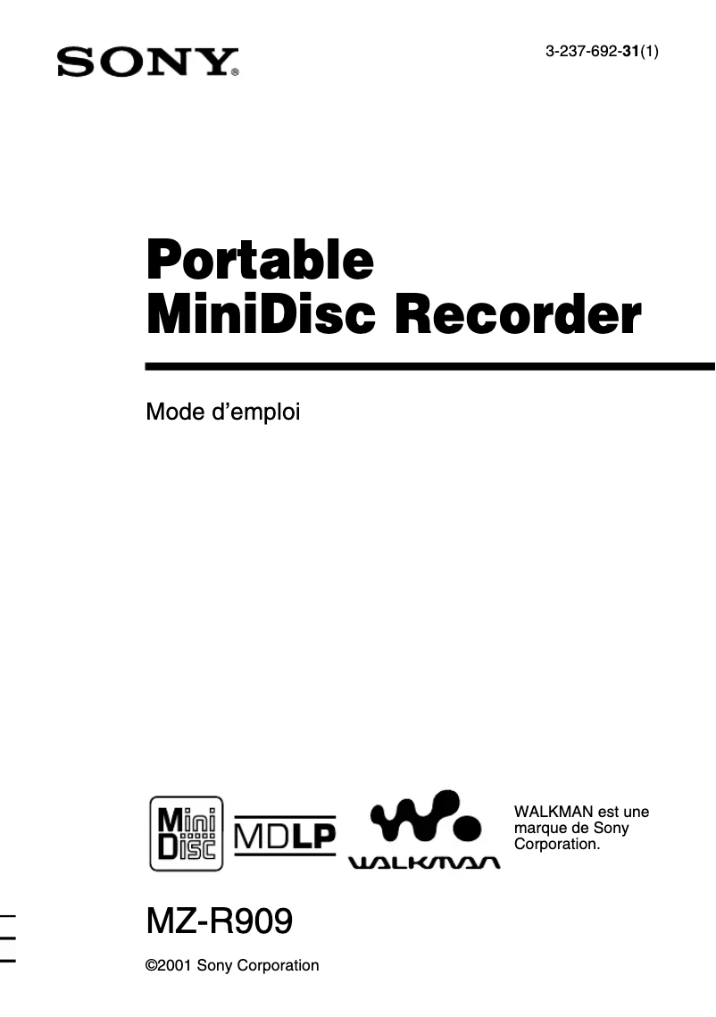 Page n°1 - Manuel utilisateur Sony MZ-R909
