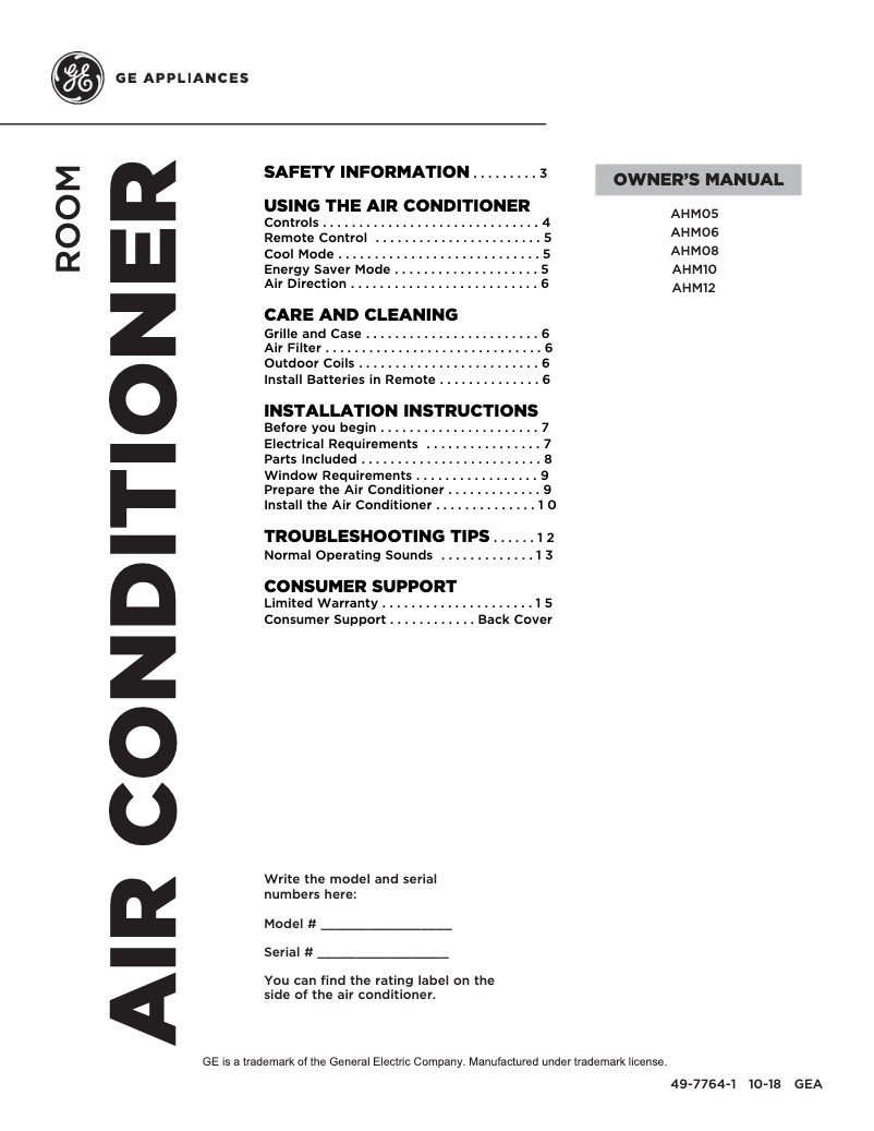 Page 1 of the manual User Manual GE AHM12AY