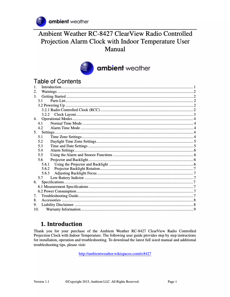 Page 1 de la notice Manuel utilisateur Ambient Weather RC-8427