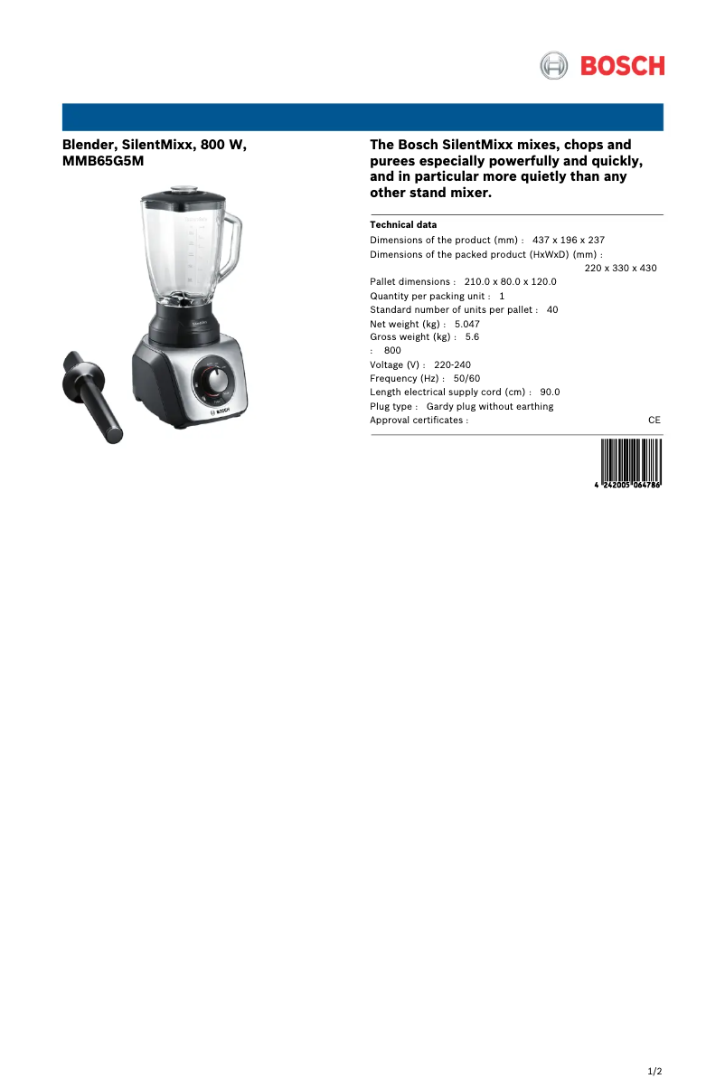 Page 1 de la notice Fiche technique Bosch SilentMixx MMB65G5M