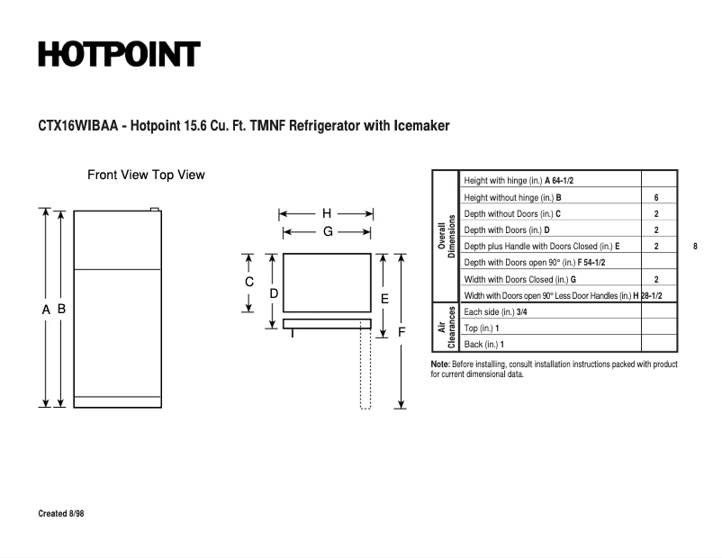 Página 1 del manual Ficha técnica Hotpoint CTX16WIBRWW