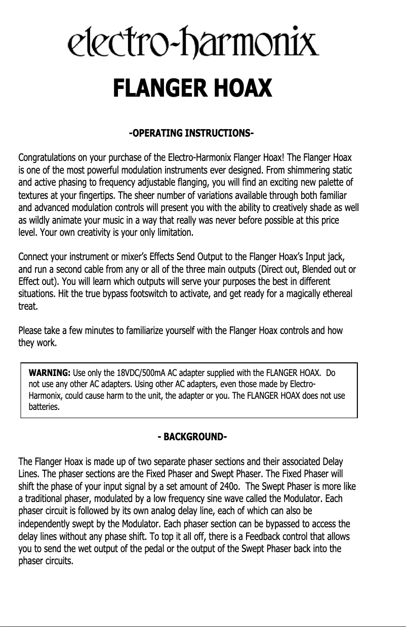 Page 1 de la notice Manuel utilisateur Electro Harmonix FLANGER HOAX