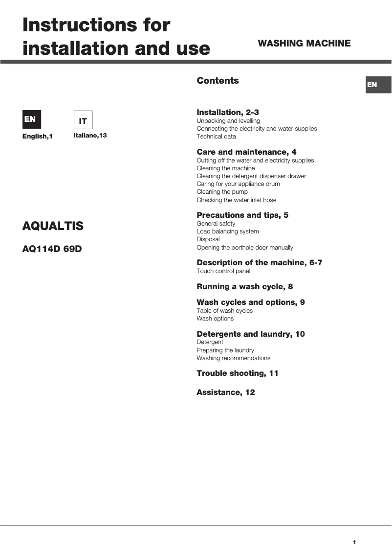 Page 1 de la notice Manuel utilisateur Hotpoint Ariston AQ114D 69D IT