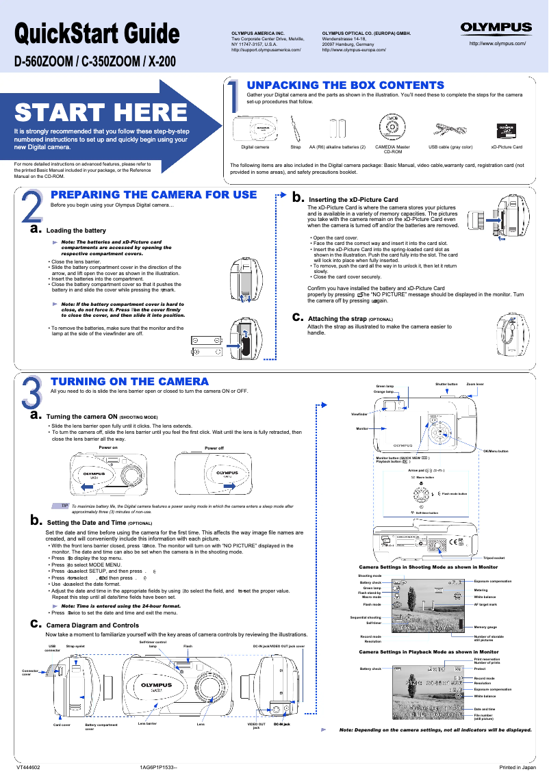 Page n°1 - Guide de démarrage rapide Olympus Camedia C-350 Zoom