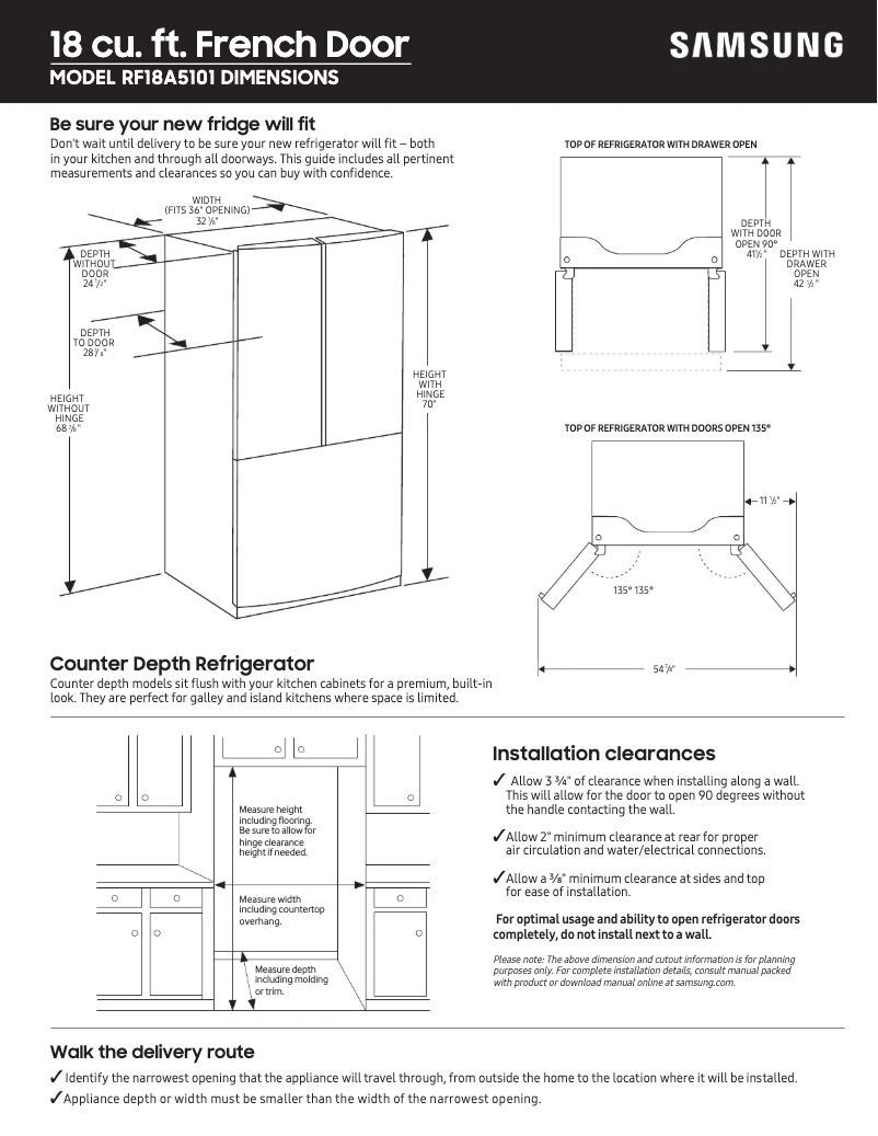 Page 1 de la notice Guide de mesure Samsung RF18A5101SG