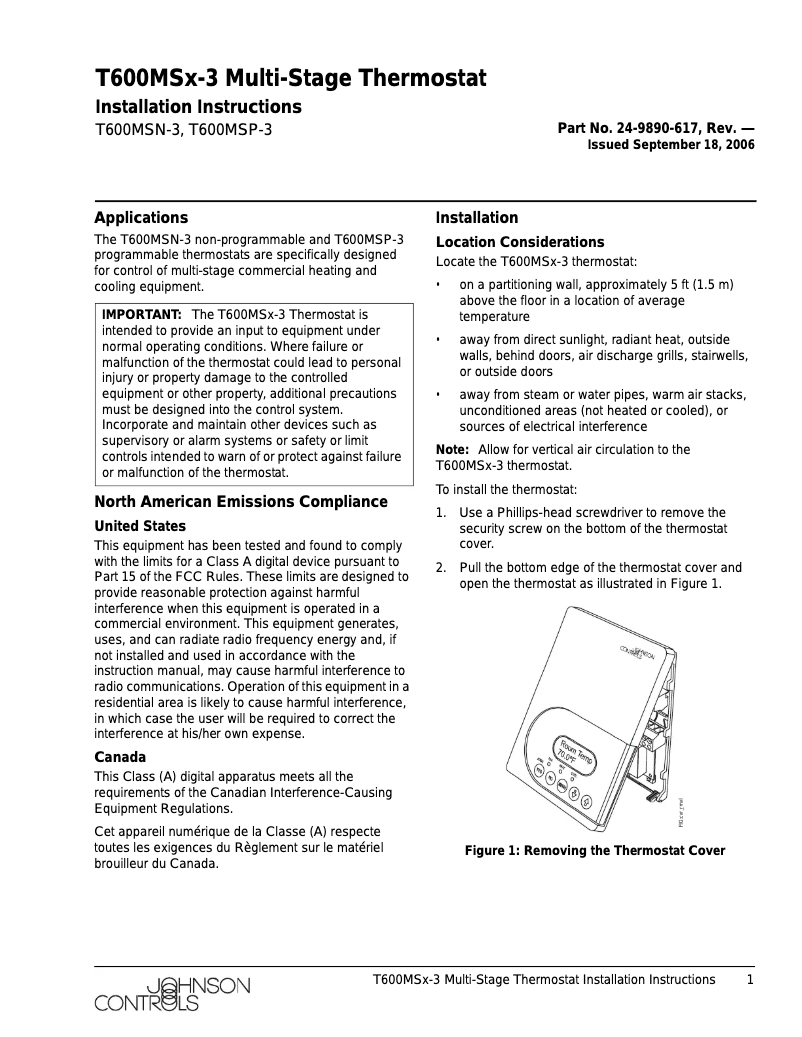 Page 1 de la notice Manuel utilisateur Johnson Control T600MSP-3