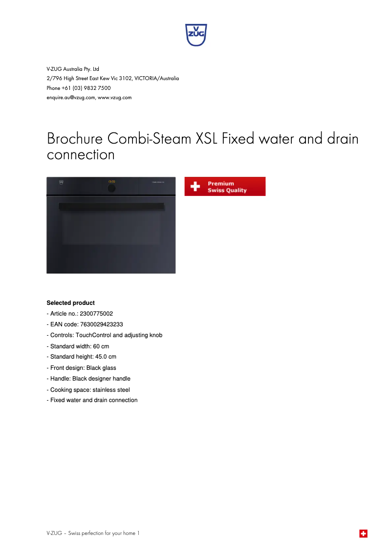 Page 1 de la notice Fiche technique V-Zug Combi-Steam XSL