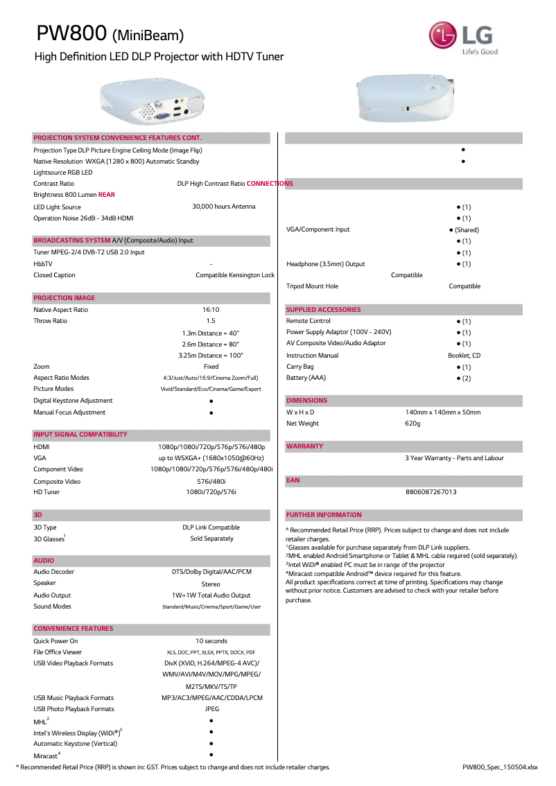 Page 1 de la notice Fiche technique LG PW800