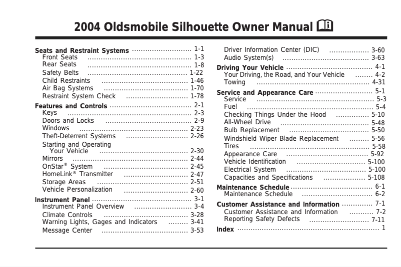 Page n°1 - Manuel utilisateur Oldsmobile Silhouette (2004)