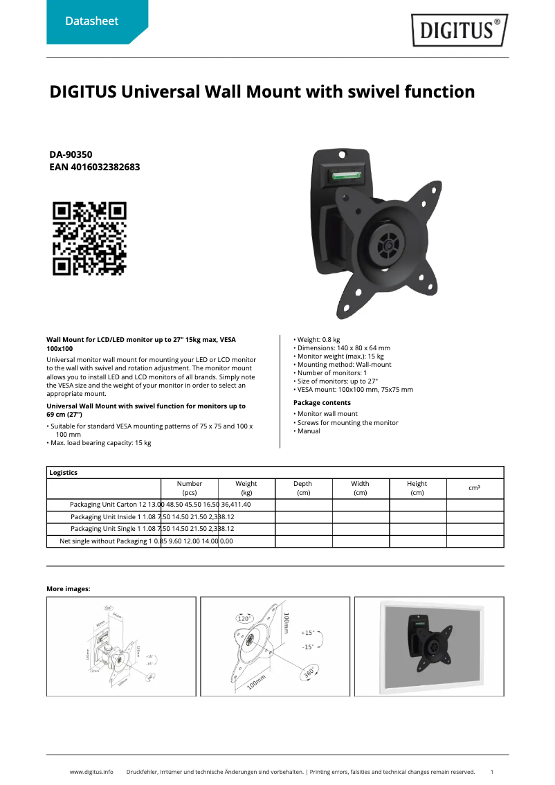 Page 1 de la notice Fiche technique Digitus DA-90350
