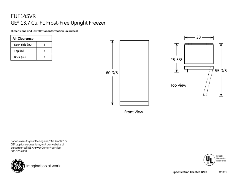 Page n°1 - Fiche technique GE FUF14SVRWW