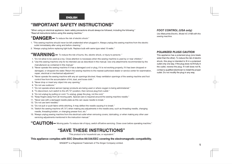 Page 1 de la notice Manuel utilisateur Singer Excel 2662