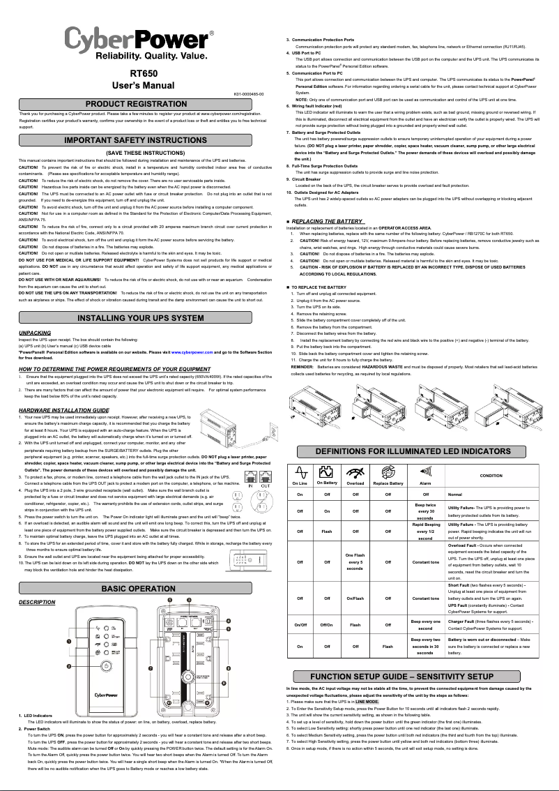 Page 1 de la notice Manuel utilisateur CyberPower Standby RT650