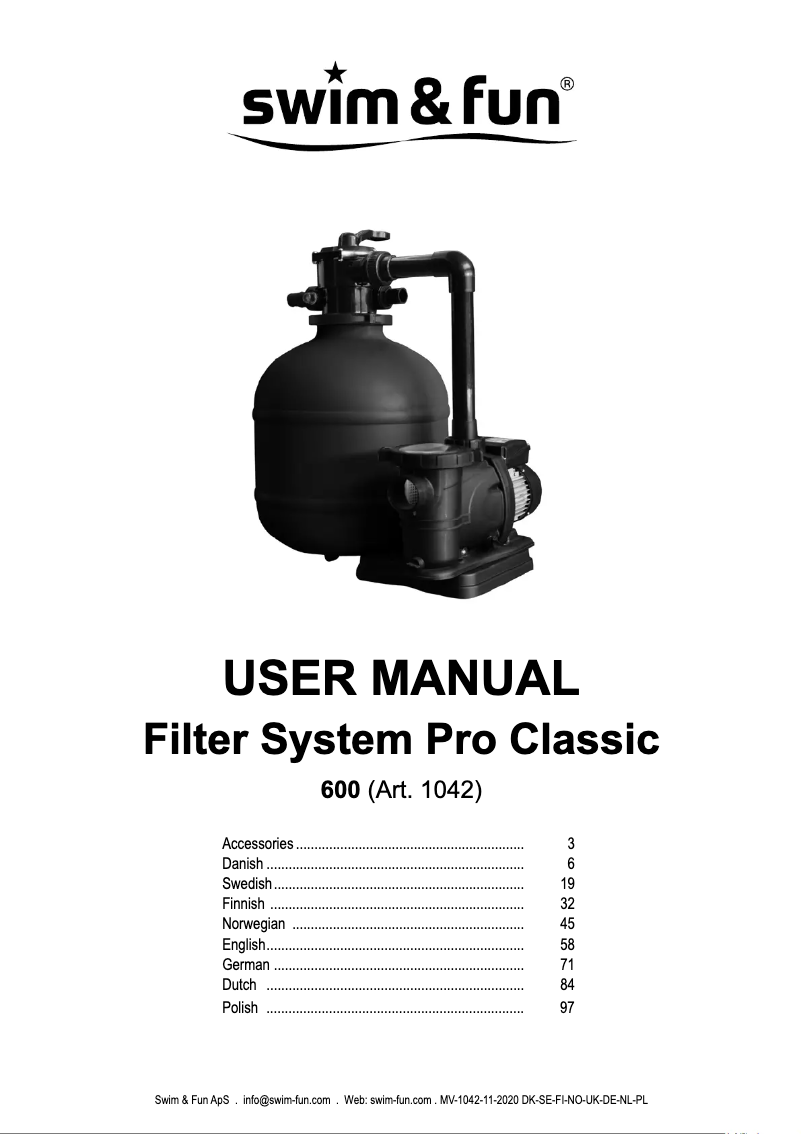 Page 1 de la notice Manuel utilisateur Swim & Fun Filter System Pro Classic 600