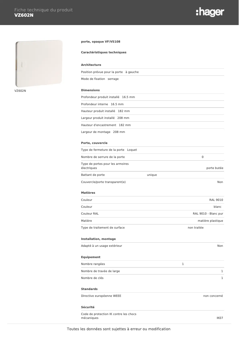 Página 1 del manual Ficha técnica Hager VZ602N