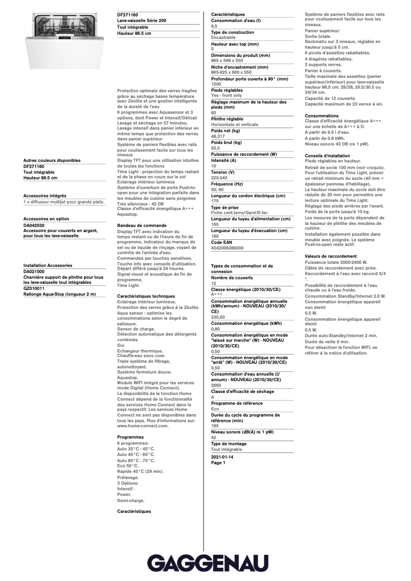 Page n°1 - Fiche technique Gaggenau DF271160