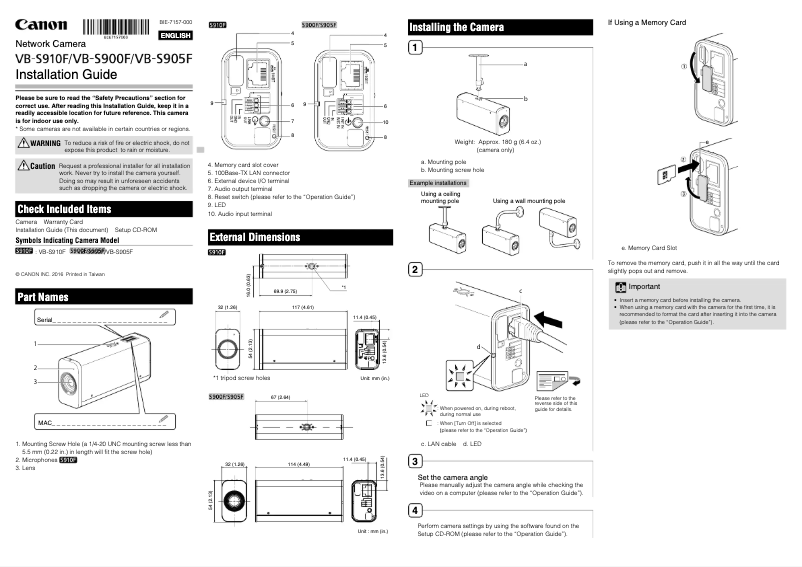 Page 1 de la notice Guide d'installation Canon VB-S905F