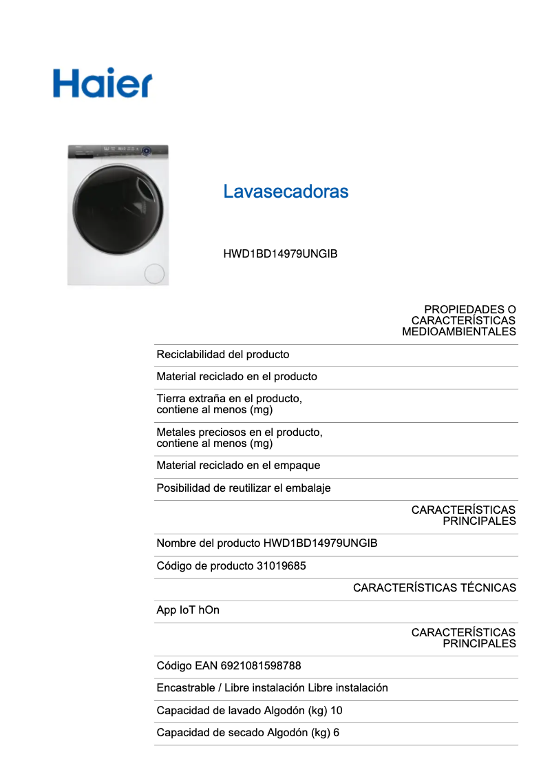 Page 1 de la notice Label énergétique Haier HWD100-BD14979NU1