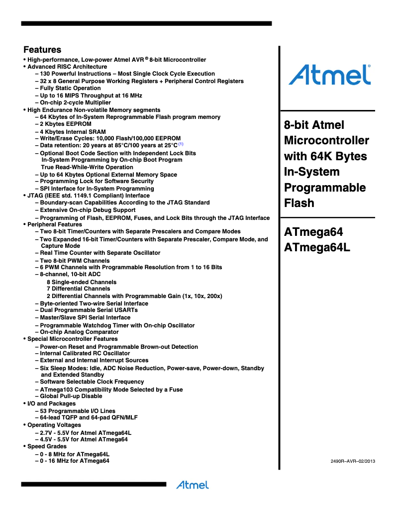 Page 1 de la notice Fiche technique Microchip ATmega64