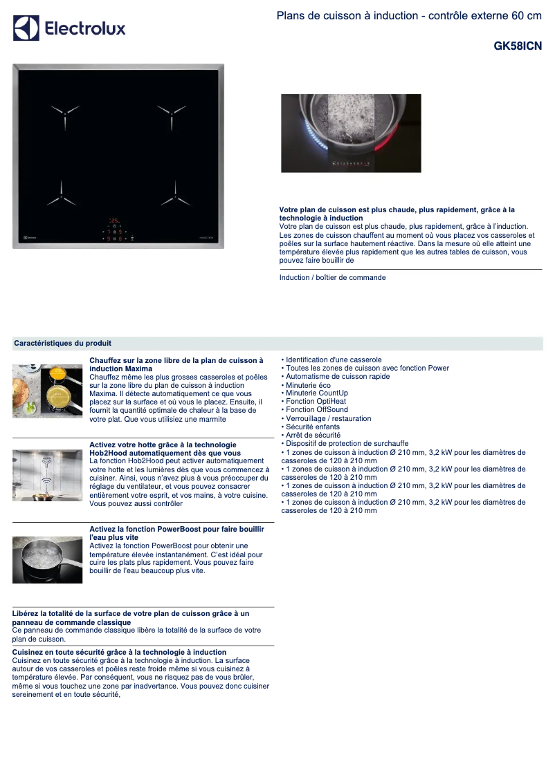 Page 1 de la notice Fiche technique Electrolux GK58ICN