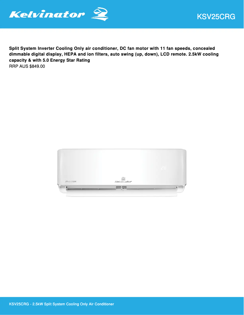 Page 1 de la notice Fiche technique Kelvinator KSV25CRG