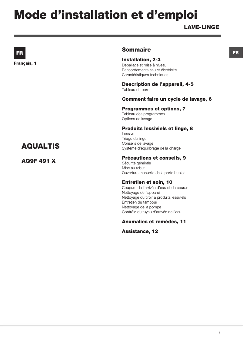 Page n°1 - Manuel utilisateur Hotpoint Ariston Aqualtis AQ9F 491 X (FR) /V