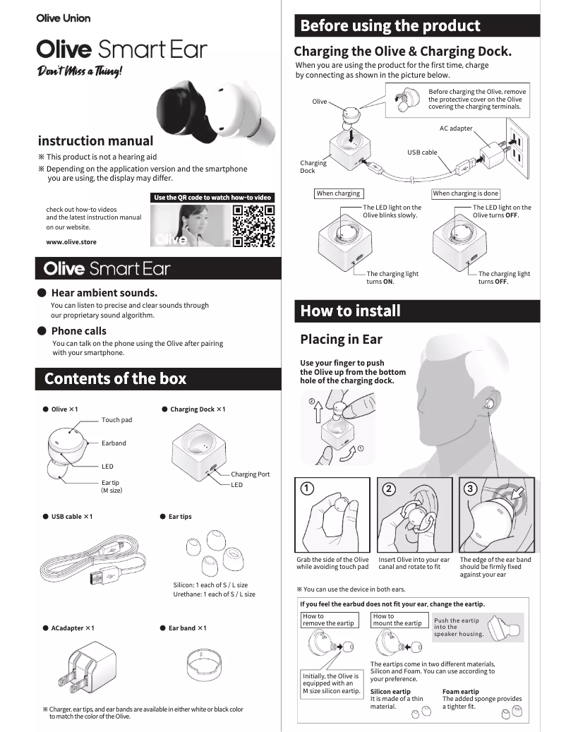 Page 1 de la notice Manuel utilisateur Olive Smart Ear