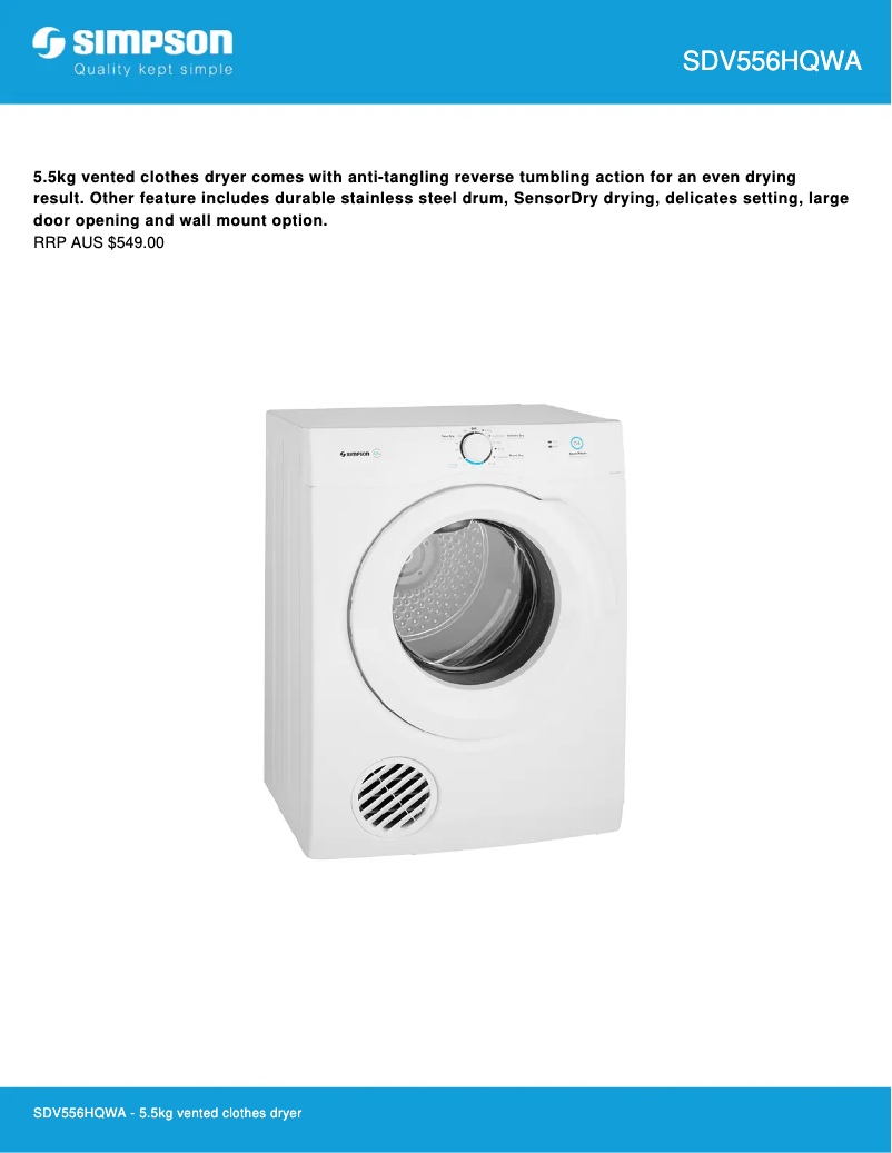 Page 1 de la notice Fiche technique Simpson SDV556HQWA