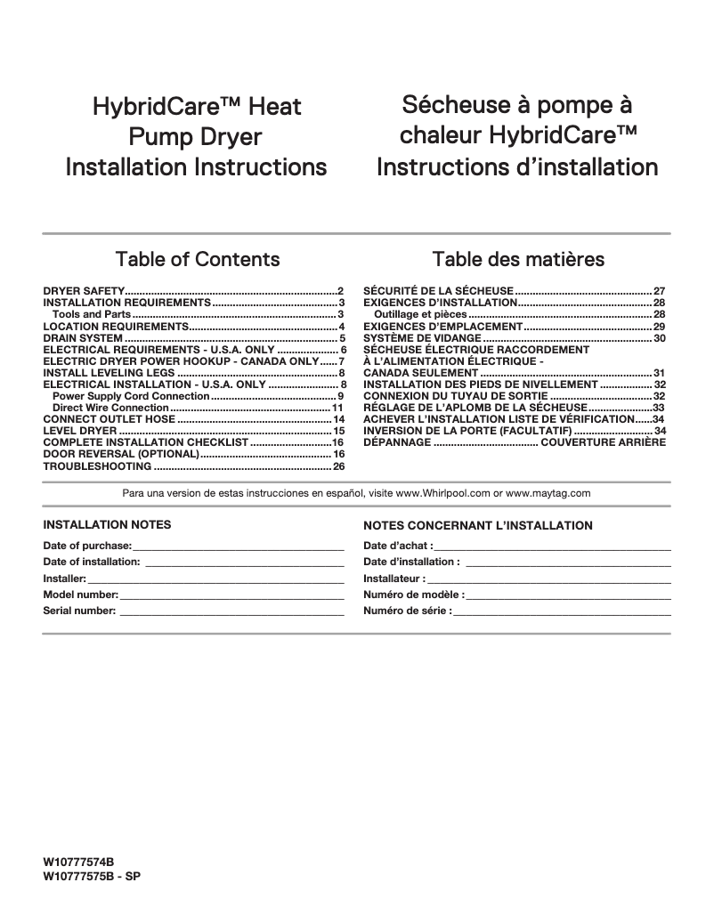 Page n°1 - Guide d'installation Whirlpool WED7990F