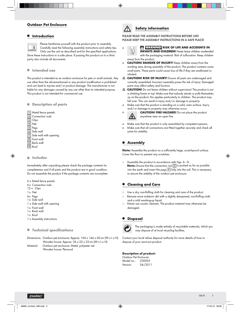Page 1 de la notice Manuel utilisateur Zoofari Z30005