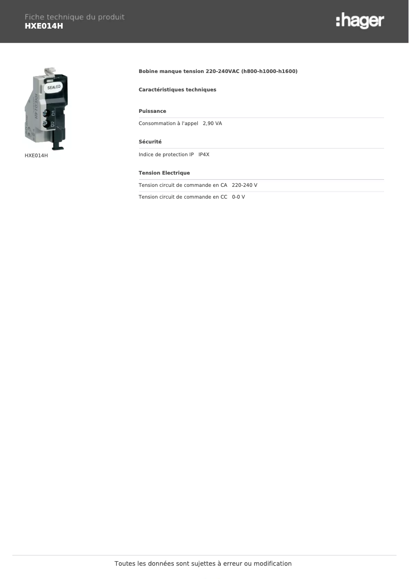 Page 1 de la notice Fiche technique Hager HXE014H