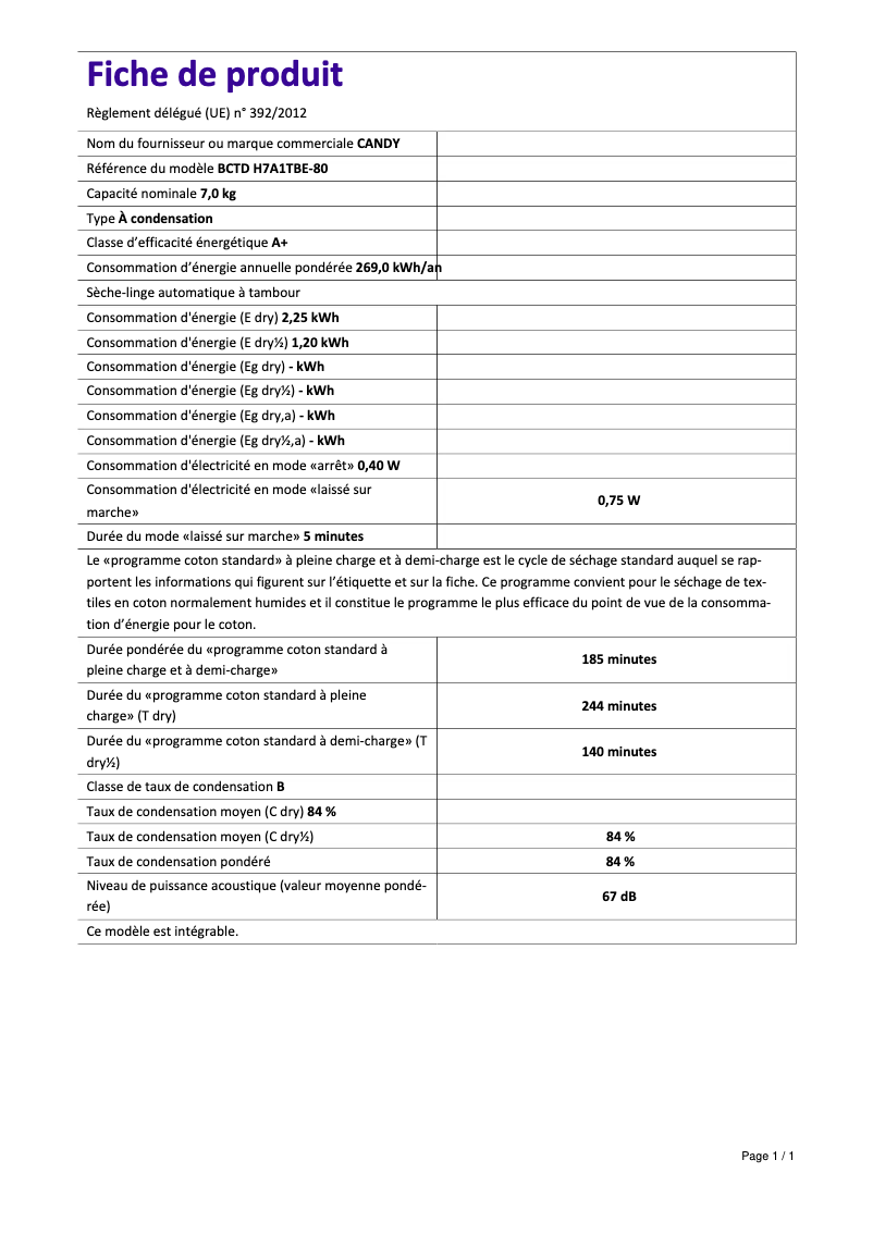 Page 1 de la notice Fiche technique Candy BCTD H7A1TBE-80
