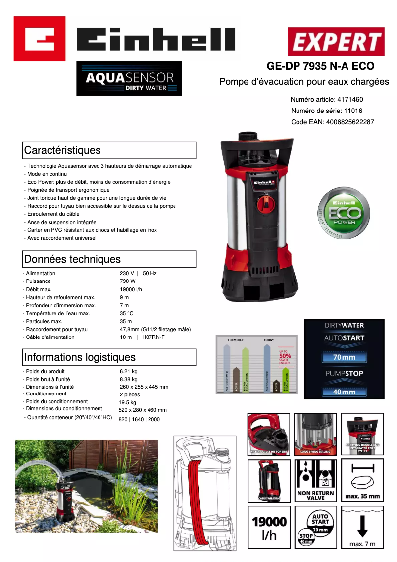 Page 1 de la notice Fiche technique Einhell GE-DP 7935 N-A Eco