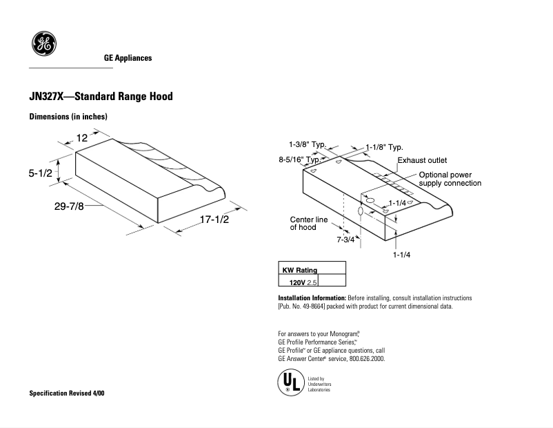 Page 1 de la notice Fiche technique GE JN327XAD