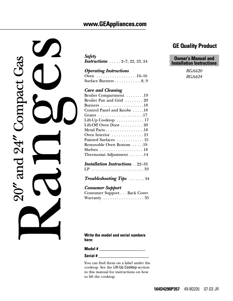 Page 1 de la notice Guide d'installation Hotpoint RGA620EFWH