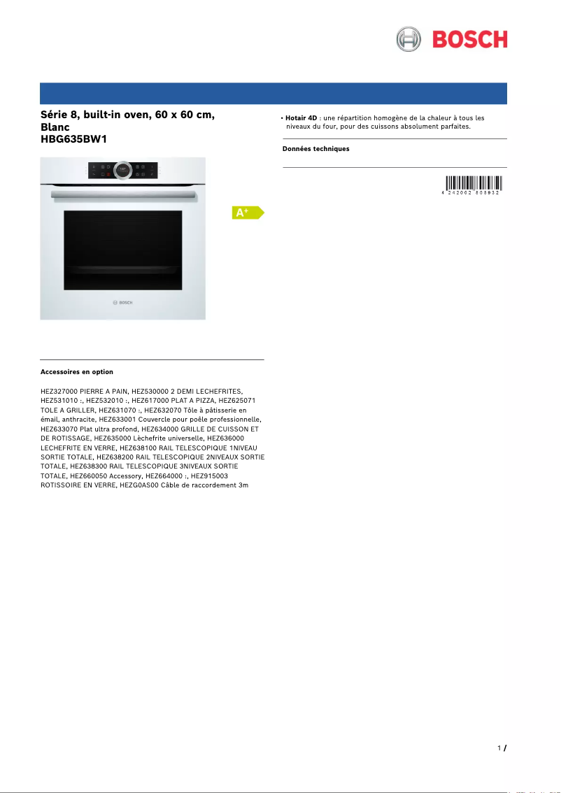 Page 1 de la notice Fiche technique Bosch HBG635BW1