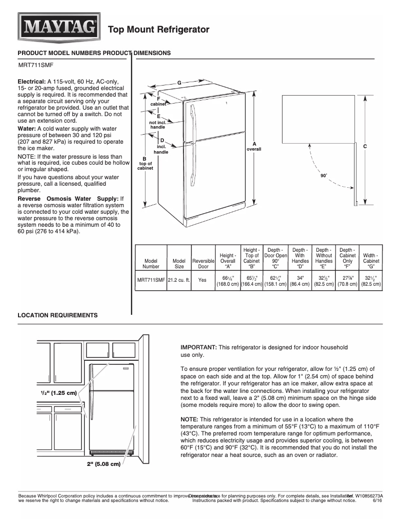 Page 1 de la notice Fiche technique Maytag MRT711SMFZ